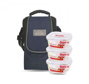 Locknlock Glass Lunch Box With Lunch Bag | (300ml x Set Of 3 Piece) - Blue (Square) Lunch Boxes | 21OFPAQDU
