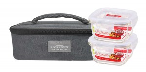 Locknlock Glass Lunch Box With Lunch Bag, 380ml, Set Of 2, Grey Lunch Boxes | 25DBVUXEP