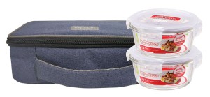Locknlock Glass Lunch Box With Lunch Bag | (380ml x Set Of 2 Piece) Blue Lunch Boxes | 74DOLYBCP