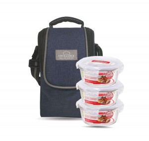 Locknlock Glass Round Lunch Box With Lunch Bag | (380ml x Set Of 3 Piece) - Blue Lunch Boxes | 36EFWXOVB